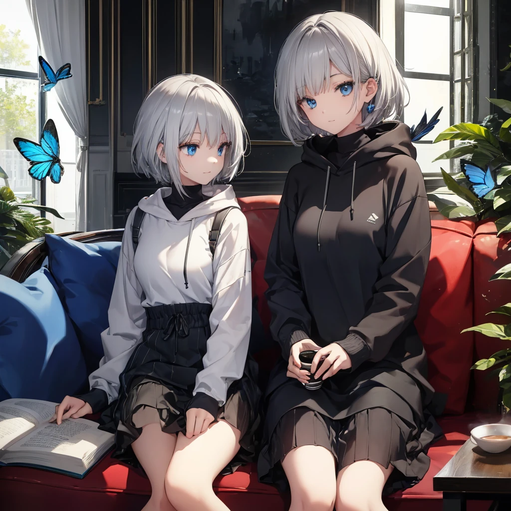 (((1 person Gray Hair Sit on the sofa Crossing your legs blue eyes))) ((High resolution short hair hoodie Black Skirt Rin々Funny face)) ((Close-up)) ((Blue butterfly Asahi Shining Aura Catch the wind Holding a cup Drink coffee)) (smile Bathed in light) Shining Background Shining Edge