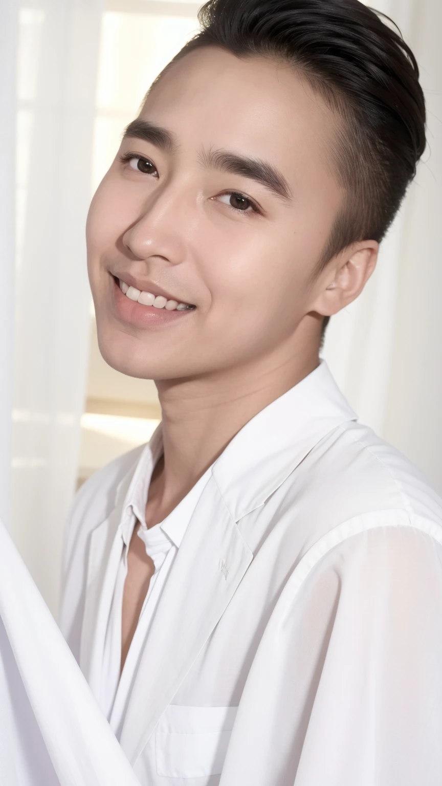 40-year-old male， [[[[close up]]]], [[[[neck]]]], [[[[Shoulder]]]], Perfect eyes, Perfect Iris，Perfect lips，Perfect Teeth，Perfect skin，White skin，Soft headlights，High-density imaging，（Clean and delicate face），((Black suit))，((Various dynamic poses))，((((Half-length photo))))，((Smile))，((White curtains in the background))，best quality，masterpiece，（Soft colors：1.2）