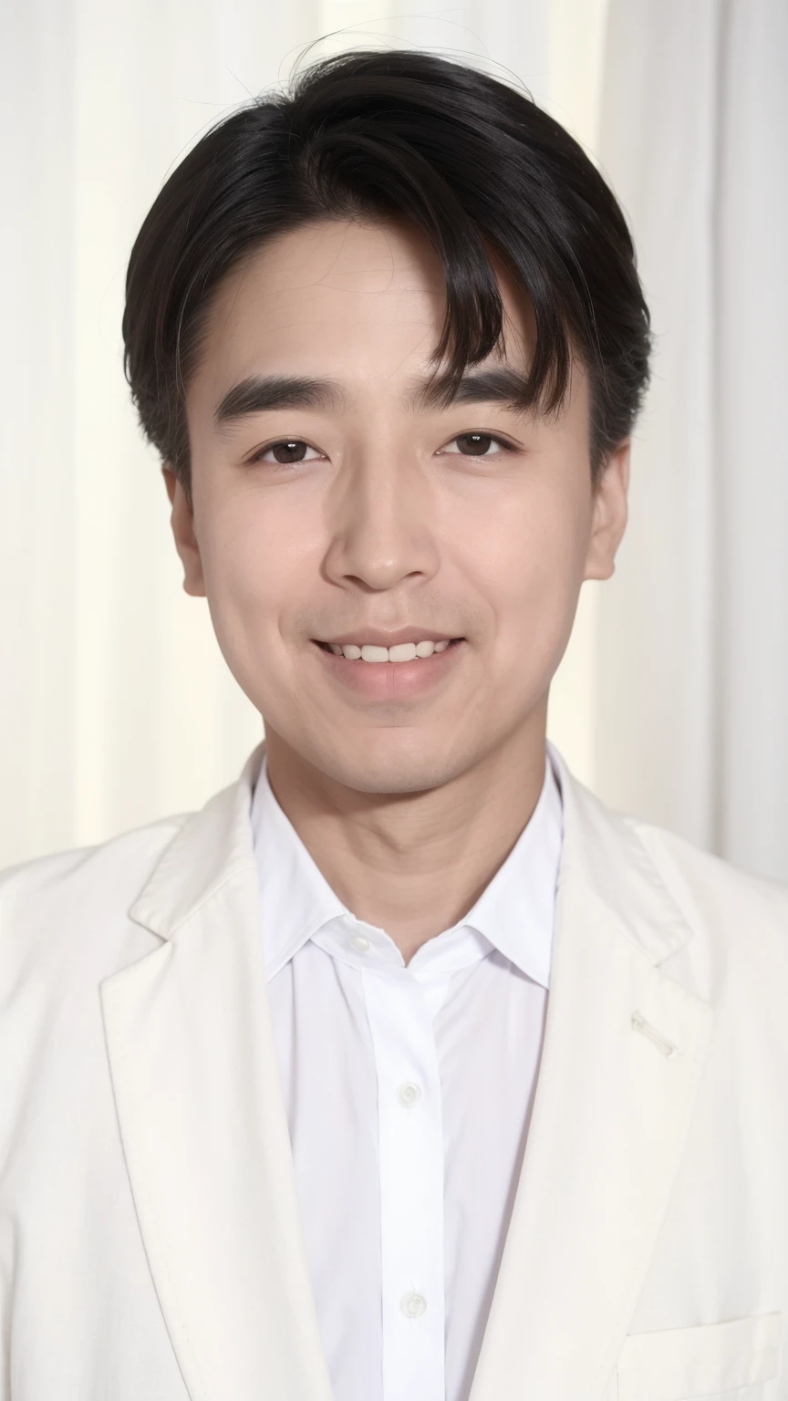 40-year-old male， [[[[close up]]]], [[[[neck]]]], [[[[Shoulder]]]], Perfect eyes, Perfect Iris，Perfect lips，Perfect Teeth，Perfect skin，White skin，Soft headlights，High-density imaging，（Clean and delicate face），((Black suit))，((Various dynamic poses))，((((Half-length photo))))，((Smile))，((White curtains in the background))，best quality，masterpiece，（Soft colors：1.2）