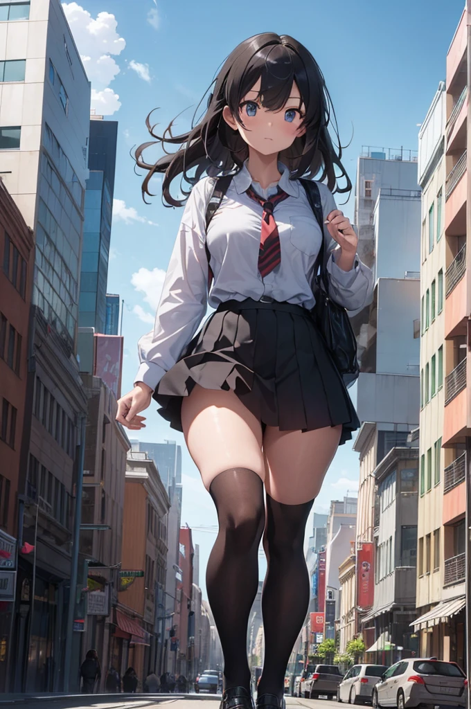 score_9:
A colossal girl, towering above the city, is proudly standing in the heart of it all. Clad in a vibrant, impeccably detailed , she stands out like a beacon amongst the surrounding buildings and roads. The backdrop unfolds into an intricate cityscape, with towering skyscrapers, bustling traffic, and an array of buildings, all captured in ultra-high-resolution with a masterful level of detail.

score_8_up:
A gigantic girl figure, overshadowing the city, stands resolute amidst the urban landscape. school-uniform,