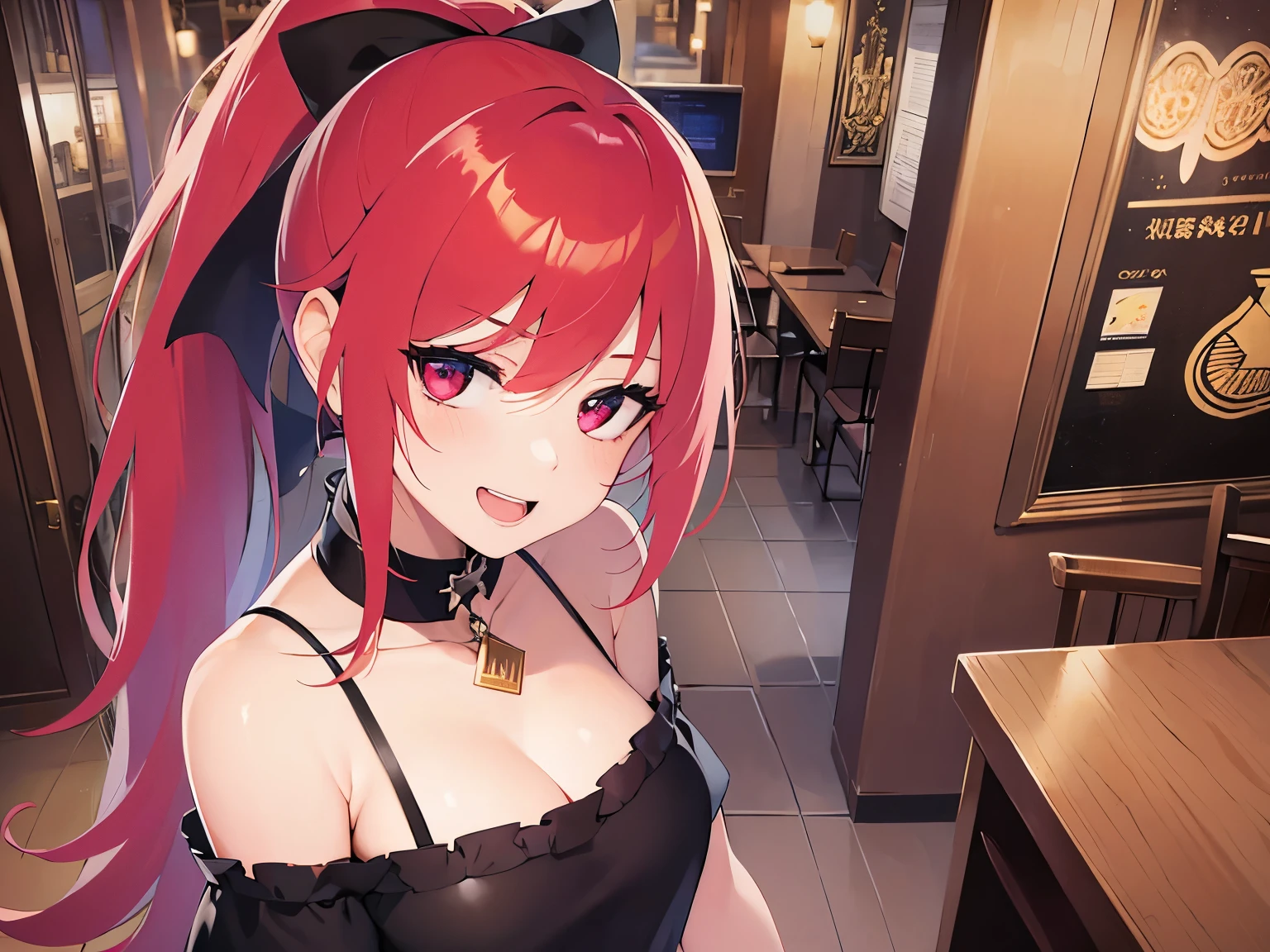 Shooting from above、Placing hand on face, Biologically correct five fingers、Realistic, real person, RAW photo, photorealistic, portrait photography, shiny skin, 18-year-old female、(ponytail) and (red hair) and (red eyes) and (jitome), BREAK (black:1.2) and (off shoulder blouse) BREAK、(grin:1.2), open mouth, The background is the interior of a restaurant at night.、alone、Are standing