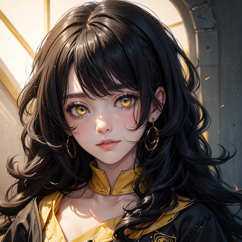 (portrait:1.5), 8k、Black Hair Curly Hair、Yellow eyes, woman