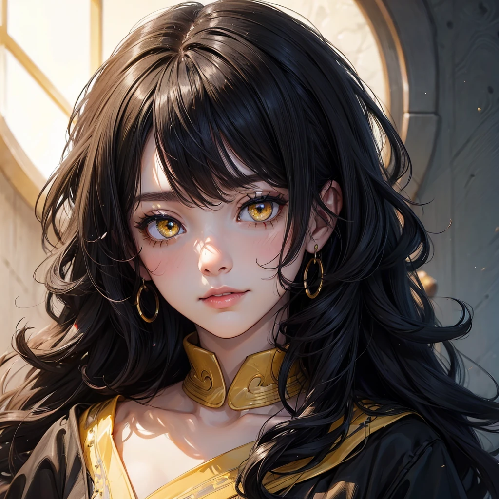 (portrait:1.5), 8k、Black Hair Curly Hair、Yellow eyes, woman