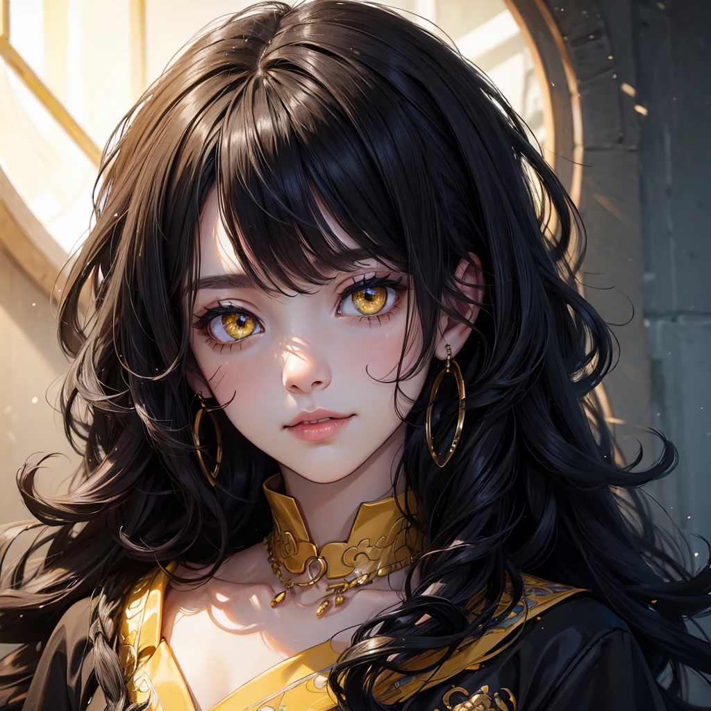 (portrait:1.5), 8k、Black Hair Curly Hair、Yellow eyes, woman