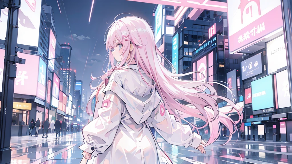 Pinkish white hair, wavy hair, girl, neon city, raincoat, back, vast landscape
