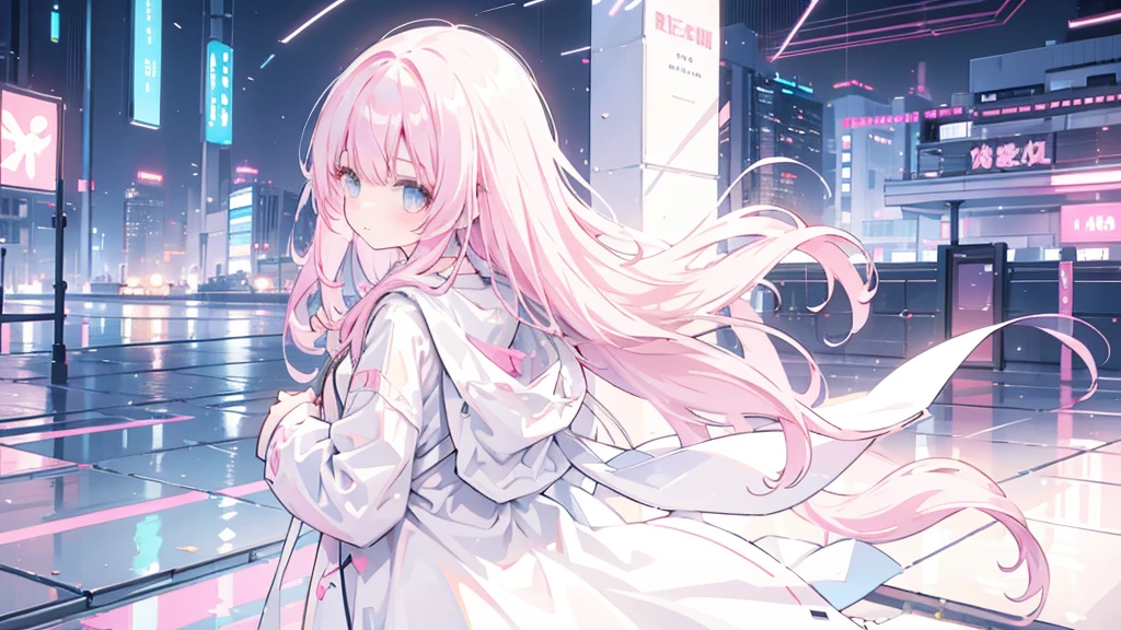 Pinkish white hair, wavy hair, girl, neon city, raincoat, back, vast landscape