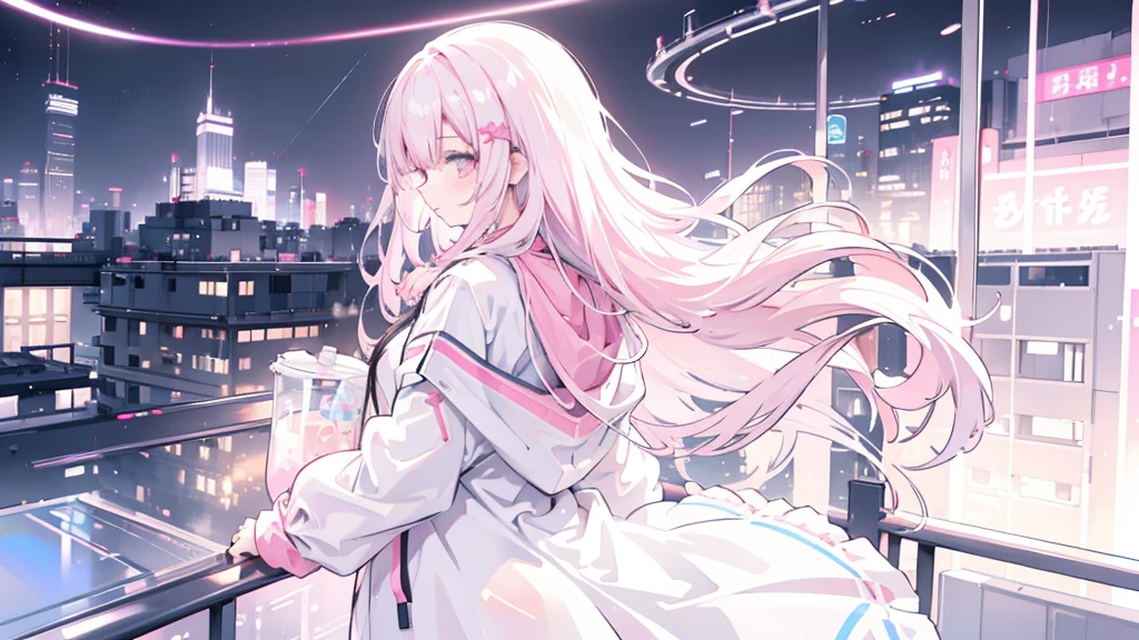 Pinkish white hair, wavy hair, girl, neon city, raincoat, back, vast landscape