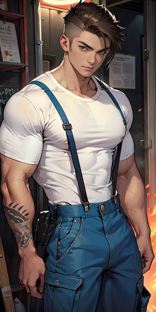 (masterpiece), best quality, expressive eyes, perfect face, 1 boy, , Muscle Man, Bodybuilder,Have a tattoo, White T-shirt, trousers, Suspenders, helmet, Firemen装备, <Lola:clothing_-_Sexy_Firemen_full outfit:0.7,