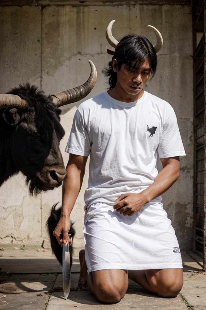 Photo of a rather large black buffalo with rather long horns kneeling in front of a 30 year old Indonesian man wearing white clothes and carrying a knife around there are people looking at him