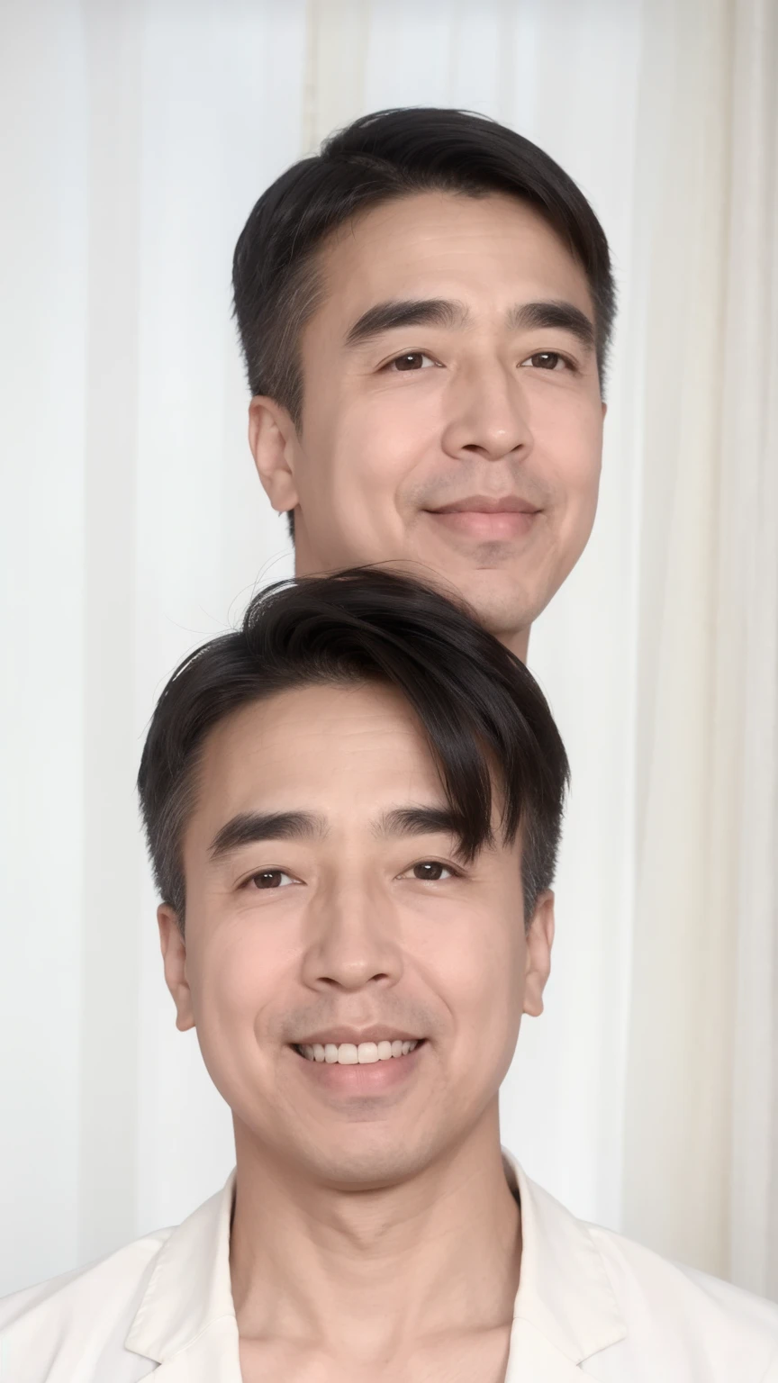 45-year-old male， [[[[close up]]]], [[[[neck]]]], [[[[Shoulder]]]], Perfect eyes, Perfect Iris，Perfect lips，Perfect Teeth，Perfect skin，White skin，Soft headlights，High-density imaging，（Clean and delicate face），((Black suit))，((Various dynamic poses))，((((full-body shot))))，((Smile))，((White curtains in the background))，best quality，masterpiece，（Soft colors：1.2）
