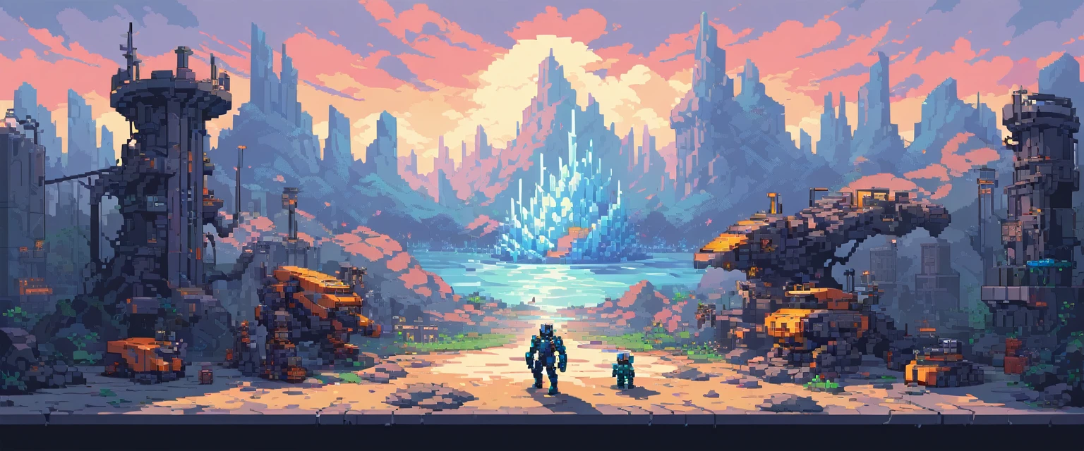 wallpaper, ultra quality, machines, robots and steel, arte de pixel, sidescroller, pixel art, futuristic, cyberpunk frozen setting