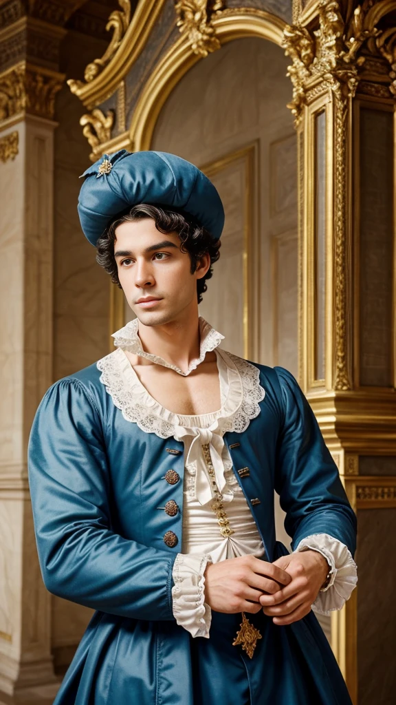 Create an image of a male personification of France in the 1700s. This figure should embody the elegance and sophistication of the French aristocracy, dressed in lavish Rococo fashion with powdered wigs and intricate lace. Their demeanor should reflect both cultural refinement and political intrigue, evoking the spirit of the Age of Enlightenment. Incorporate symbols such as fleur-de-lis, royal insignia, and elements of French architecture to emphasize the historical and artistic richness of the period."