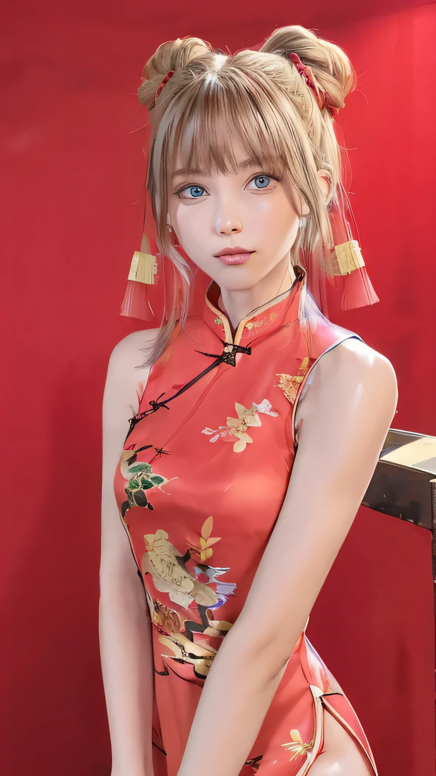 (Highest quality: 1.4), High resolution, masterpiece, 4K, Super detailed, very beautiful girl masterpiece,  blonde, Long Hair, ponytail, blue eyes, Expressive eyes, Detailed skin, realistic skin texture, texture, Fine grain, Beautiful woman, Lilac Good, no_, Small , A konigsreuter, (Sleeveless High-Slit red cheongsam clothes:1.6)