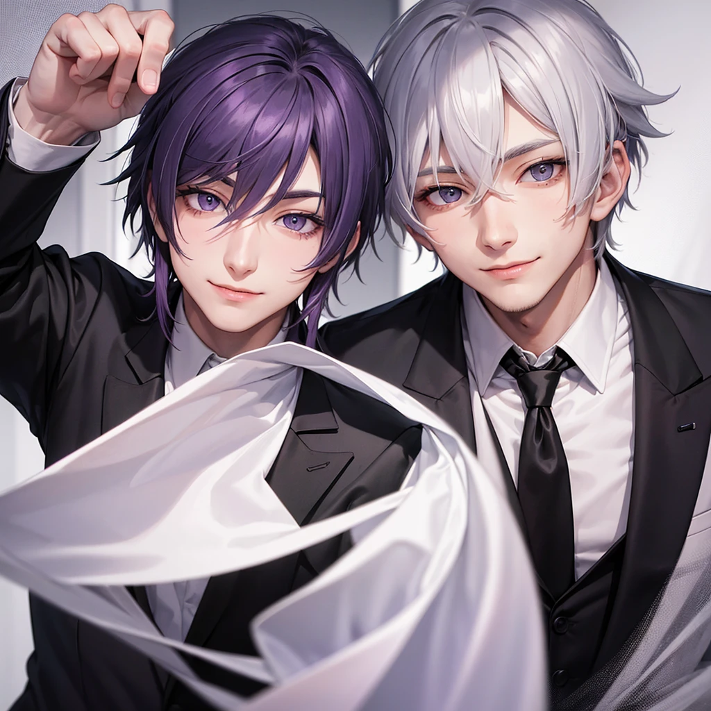 I draw for me a 28-year-old man with messy violet hair, gray eyes, white skin, sharp features, smiling maliciously, wearing a black formal suit. 