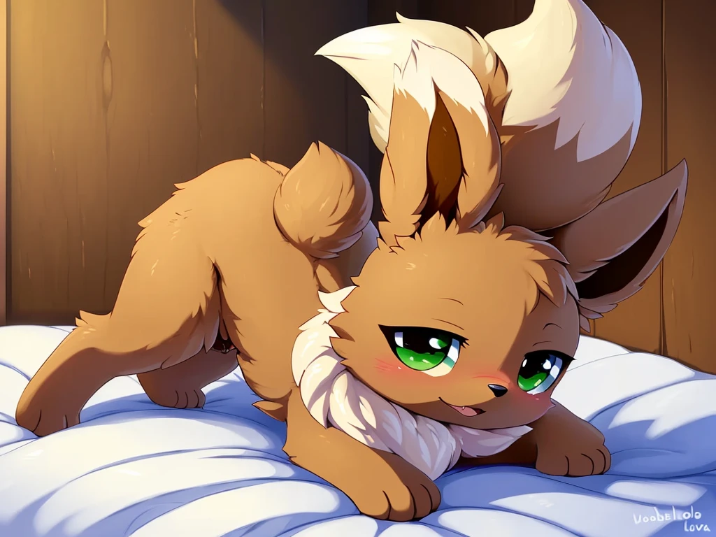 (feral:1.6), (quadrupedal:1.6), fluffy, on a bed, \(pokemon\), (Eevee:1.2), (Brown crotch:1.4), (((quadruped, feral, canine))), (in heat:1.4), (seductive expression:1.4), (Half-lidded eyes:1.4), (Green eyes:1.2), (by Hioshiru:1.2), (by wobblelava:1.2), (by plattyneko:1.2), blushing, (petite:1.4), (petite hips:1.4), (petite body:1.4), (solo:1.4), paws (petite:1.4), (petite hips:1.4), (petite body:1.4), (solo:1.4), paws, (looking at viewer:1.2), (petite:1.4), paws, (Brown fur:1.4), (canine pussy:1.4), anus, (on front, ass up:1.2), (rear view:1.2), (Pussy juice:1.2)