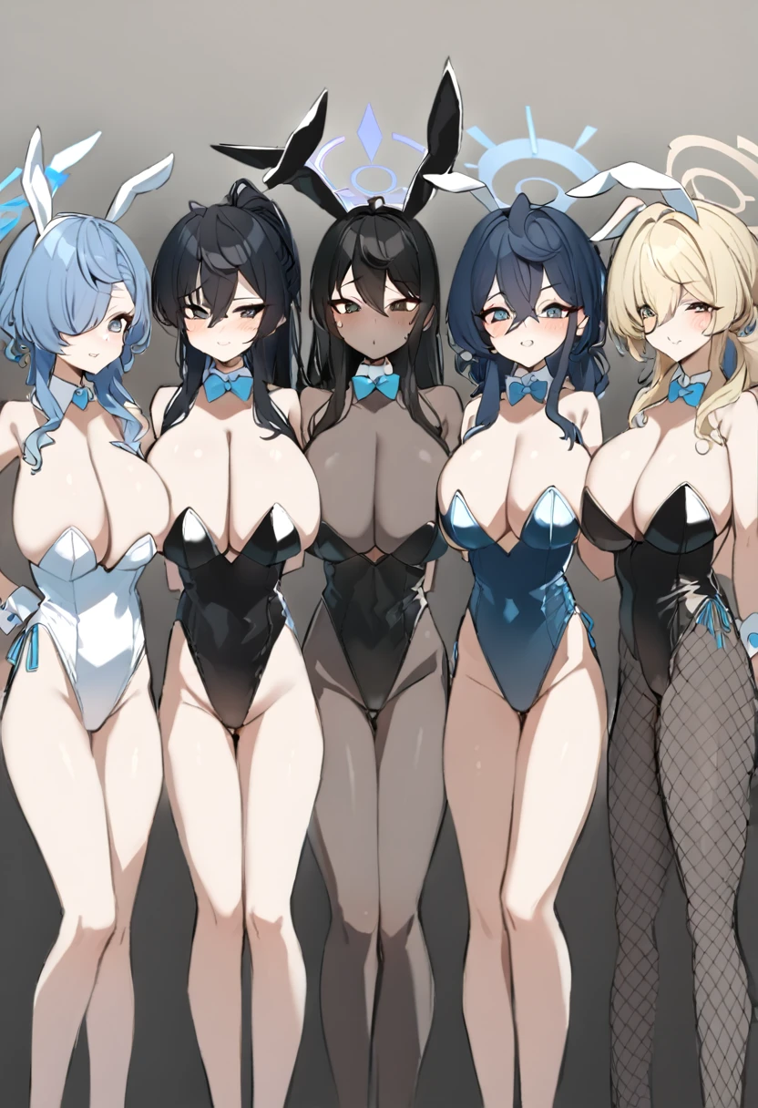 bust chart、pigeon toed、4girls、bunny girl、white rabbit ears、wrist cuffs、black leotard、Everyone line up facing forward、(milf、Mature Woman:1.3)、Black fishnet stockings、garter belt、blue_archive、{{{Karin the Horned Shield、black skin、Yellow Eyes、Black Hair、long hair、Black bunny suit}}}、{{{Ichinose Asuna、Blonde、long hair、hair over one eye、Light blue bunny suit}}}、{{{Ganyu Ako、Light blue hair、Short Hair、Light blue eyes、Light blue bunny suit}}}、{{{Hasumi Hakawa、Black Hair、long hair、Black Eyes、White bunny suit}}}、Halo、casino