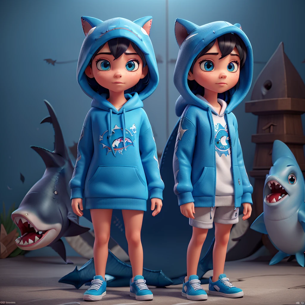 a stunningly detailed 3d masterpiece of gawr gura,  wearing a blue hoodie with a shark print, hood up, with a shark hair ornament, perfect hands, detailed face and eyes, and cool sneakers, (best quality,4k,8k,highres,masterpiece:1.2),ultra-detailed,(realistic,photorealistic,photo-realistic:1.37),extremely detailed and intricate, cinematic lighting, highly vibrant colors, dynamic composition, gawr gura, 1girl, beautiful detailed eyes, beautiful detailed lips, extremely detailed eyes and face, long eyelashes, detailed shark tail, blue hoodie, shark print, hood up, shark hair ornament, wears cool sneakers, full body, perfect hands, 