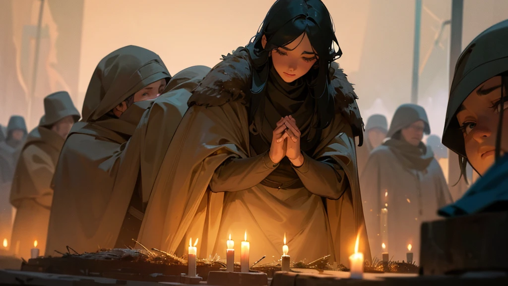 a crowd of men praying and worshiping a girl in the distance in a bunker, candles and a flag in the background, detailed face, beautiful eyes, long eyelashes, highly detailed, 8k, photo-realistic, masterpiece, dramatic lighting, cinematic, moody, warm colors, fantasy