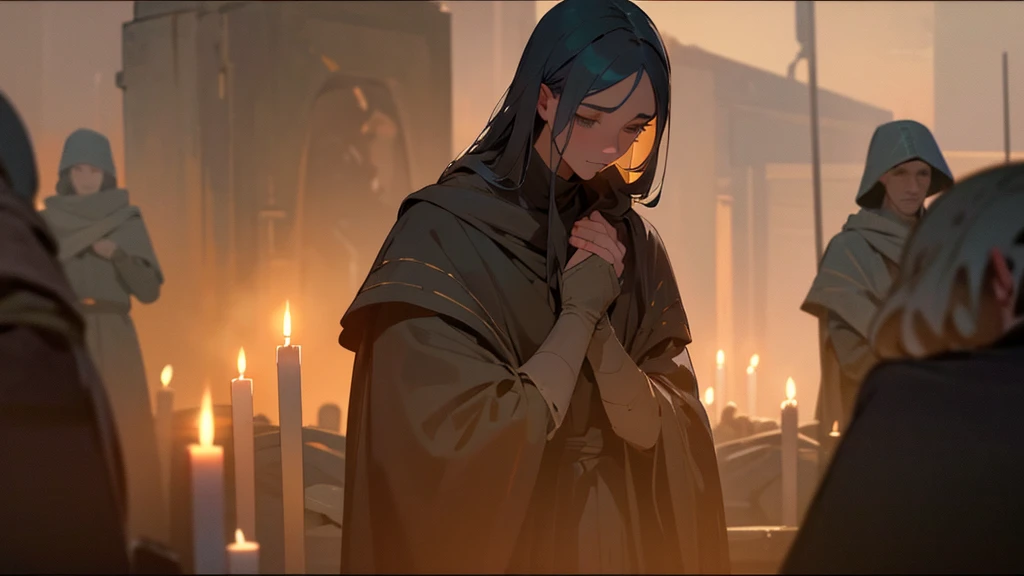 a crowd of men praying and worshiping a girl in the distance in a bunker, candles and a flag in the background, detailed face, beautiful eyes, long eyelashes, highly detailed, 8k, photo-realistic, masterpiece, dramatic lighting, cinematic, moody, warm colors, fantasy