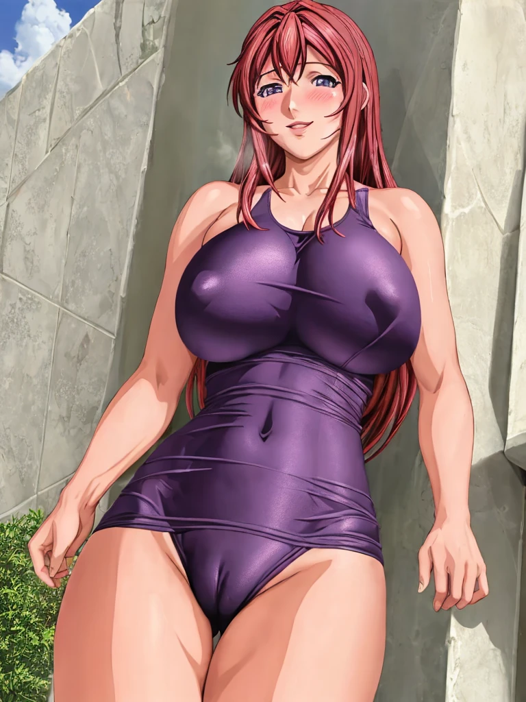 (high quality:1.2), intricate detailed, digital art, TakashiroHiroko, anime,1girl, mature female, solo, cowboy shot, looking at viewer, smile, blush, purple eyes, long hair, red hair, 1 girl solo,(((huge breasts))), saggy breasts,
one-piece navyblue swimsuit,old school navyblue swimsuit,school navyblue swimsuit,wet,barefoot,cameltoe.
embarrassing,blush,
upper body,front view,
sunlight, cloudy sky, sun, school pool,outdoor,