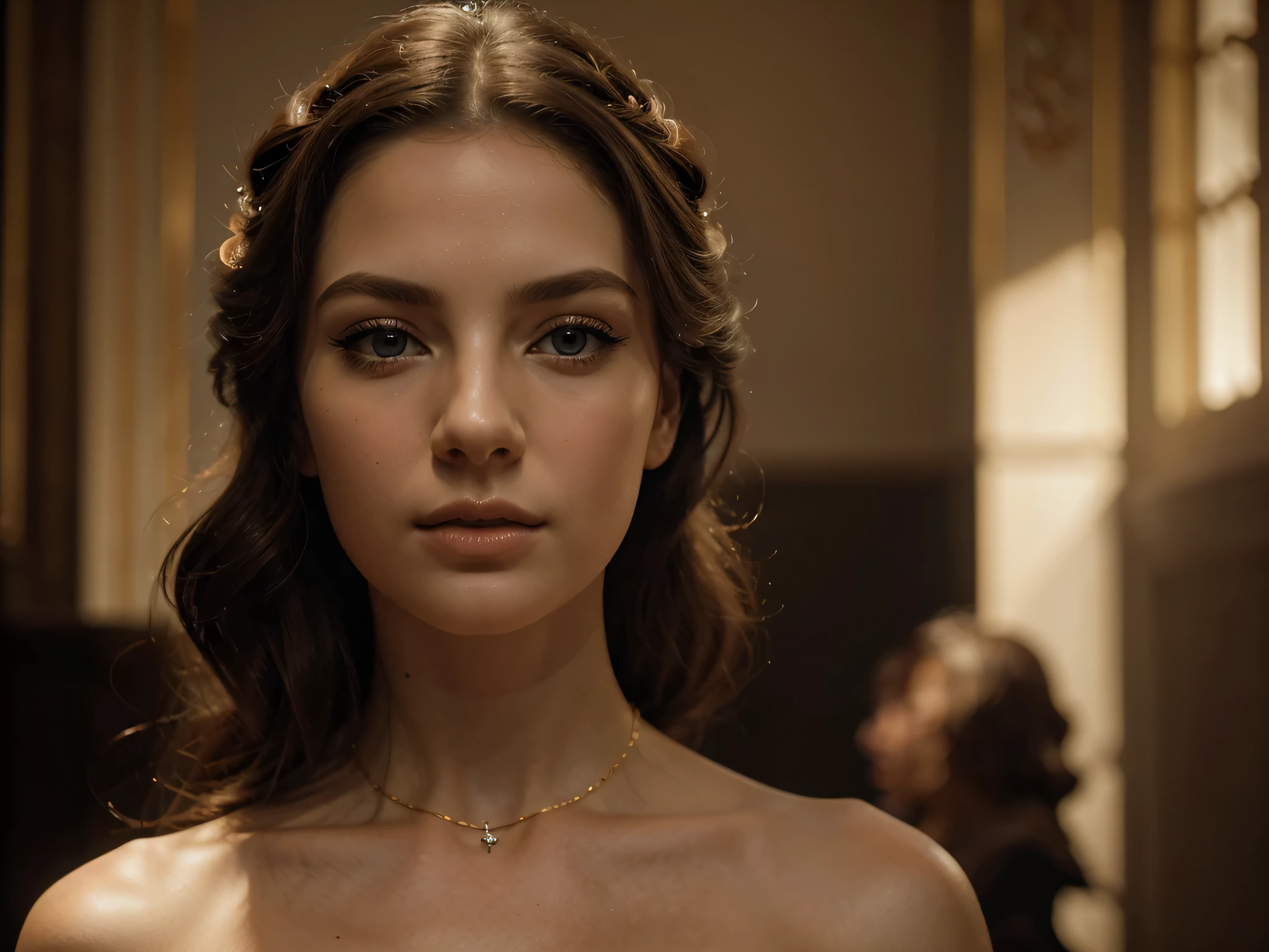 A chiaroscuro portrait of a woman, beautiful detailed eyes, beautiful detailed lips, extremely detailed eyes and face, long eyelashes, porcelain skin, elegant hairstyle, intricate jewelry, dramatic lighting, Renaissance style, dramatic shadows, warm golden tones, dramatic chiaroscuro lighting, ultra-detailed, 8k, photorealistic, masterpiece, cinematic, dramatic atmosphere, elegant and regal