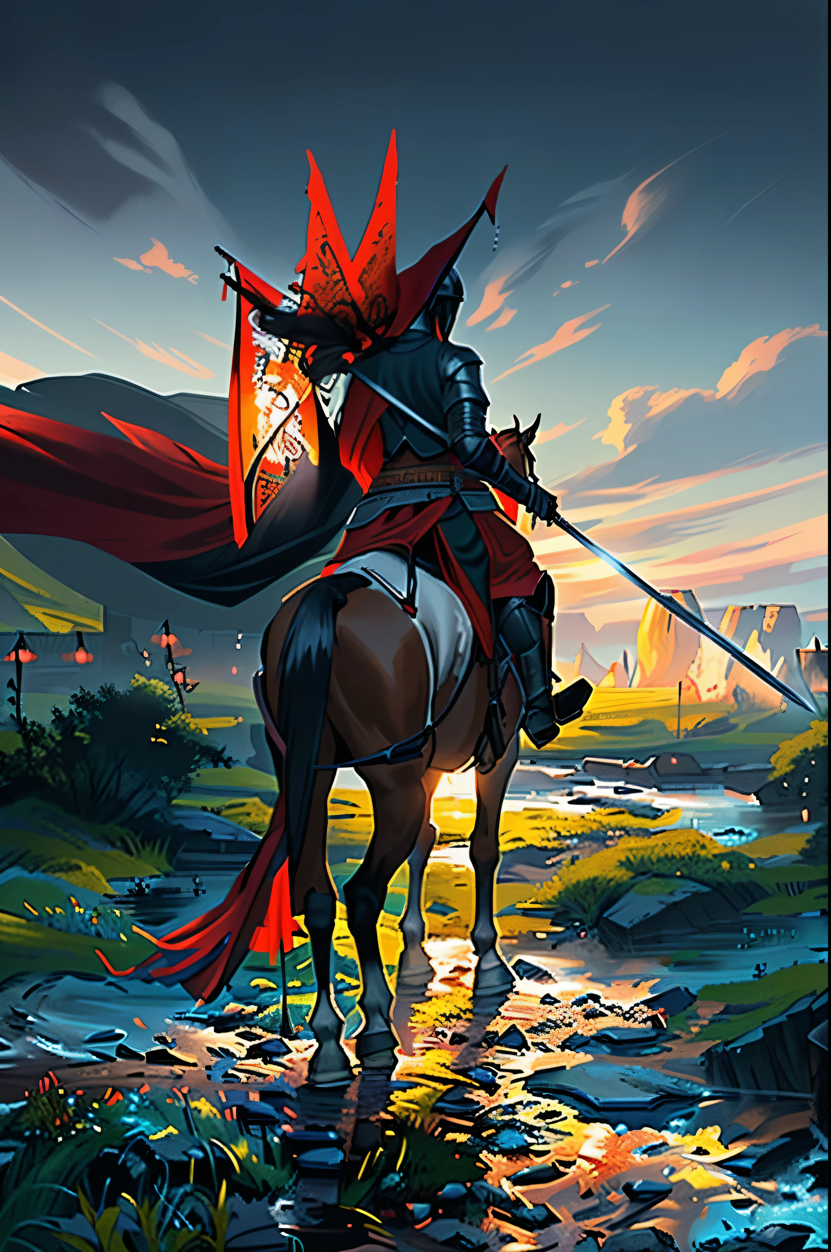 There was a man riding a horse,There is a flag above my head, Horse Warrior, Centaur horse, adam driver as a Centaur warrior, Centaur, heavy cavalry, cavalry, feathered cavalry, Epic Warrior, guan yu, Artwork in the style of Guweiz, Knight carrying a great sword, Shen Haicheng, a Centaur