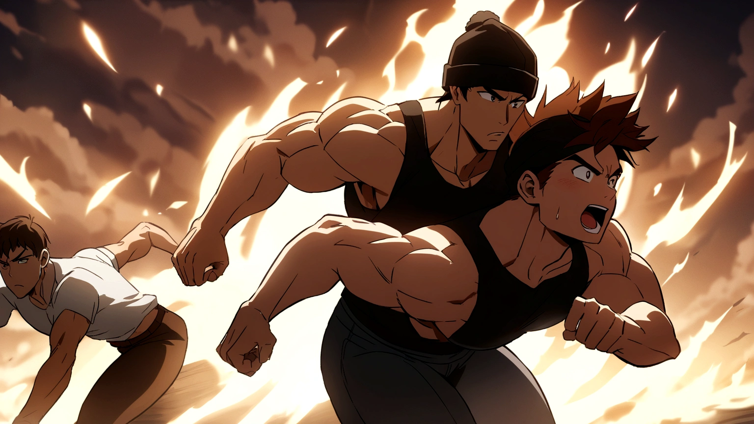 Muscular boy with black beanie hat and short brown hair manages to overtake another totally different person in a race, there are only the two of them, epic anime style