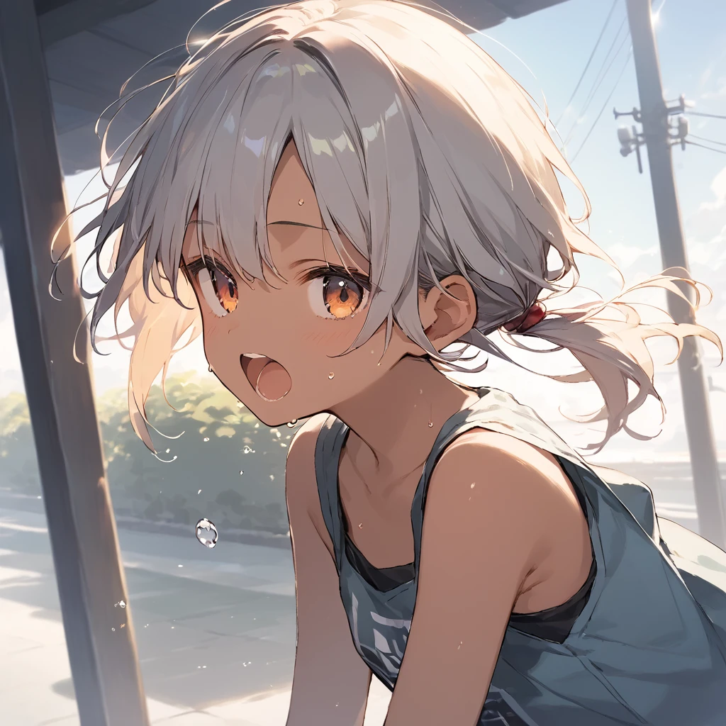 score_9, score_8_up, score_7_up, source_anime, best quality, masterpiece, official art, absurdres, highres, ultra-detailed,waifu2x,Collection: Slice of Life,break,1girl, tomboy, dark-skinned female, short hair, low ponytail, flat chest, beautiful detailed eyes, short shorts, sweat, open mouth, (yawn:0.3), sleepily, outdoors, wind, break,(clear line illustration:1.2),very high resolution, very aesthetic, super detailed skin, Best sexual lighting powered by famous artist, 8k,cute picture,beauty illustration,photoshop_(medium),,(Detailed Lighting),best anime 8k konachan wallpaper, pixiv contest winner,