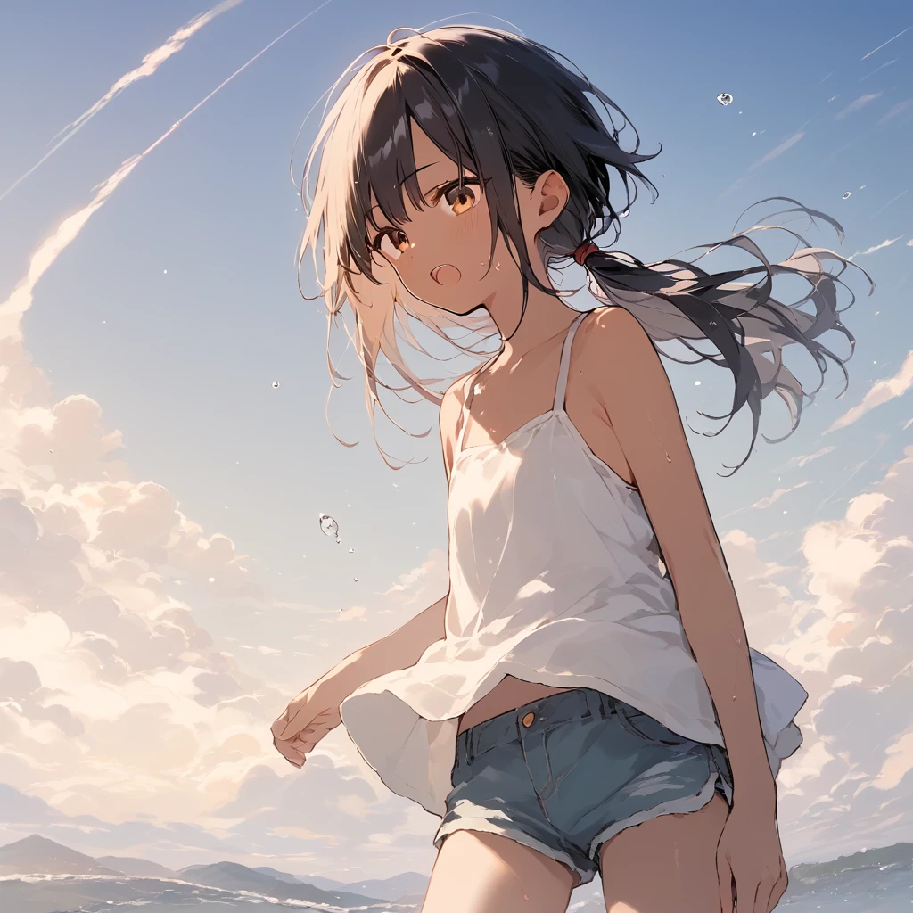 score_9, score_8_up, score_7_up, source_anime, best quality, masterpiece, official art, absurdres, highres, ultra-detailed,waifu2x,Collection: Slice of Life,break,1girl, tomboy, dark-skinned female, short hair, low ponytail, flat chest, beautiful detailed eyes, short shorts, sweat, open mouth, (yawn:0.3), sleepily, outdoors, wind, break,(clear line illustration:1.2),very high resolution, very aesthetic, super detailed skin, Best sexual lighting powered by famous artist, 8k,cute picture,beauty illustration,photoshop_(medium),,(Detailed Lighting),best anime 8k konachan wallpaper, pixiv contest winner,