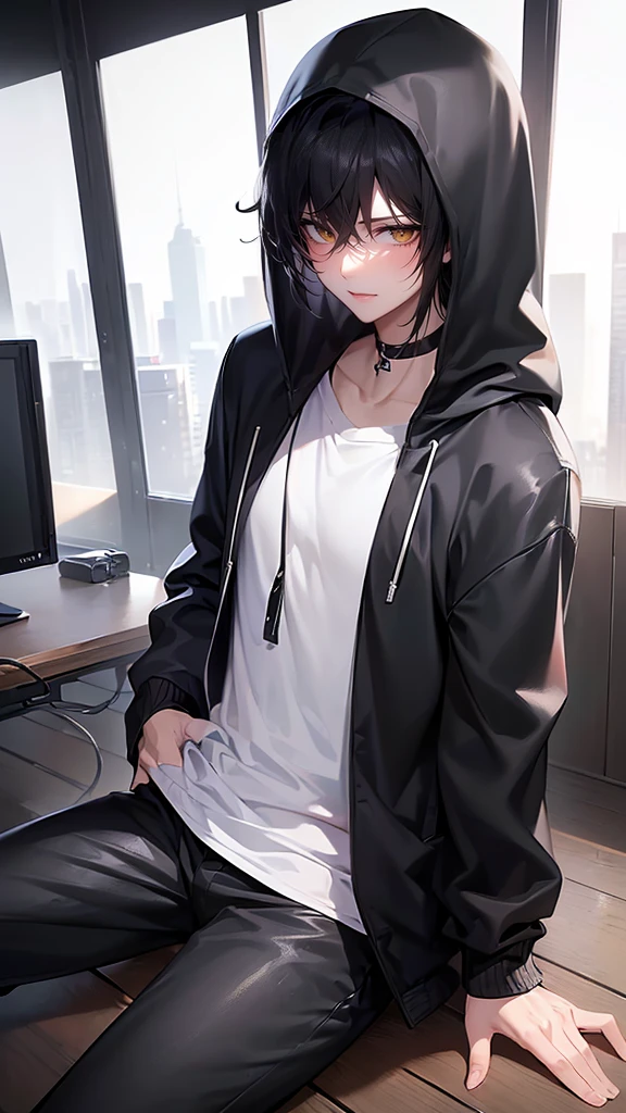 (4K works))、​masterpiece、(top-quality)、((Black bedroom in the middle of the night))、mid night、In the black bedroom at midnight、((Window with a view of the starry sky))、((I can see the dark sky from the window))、((dark ilumination))、Korean Male、Adult male、((Adult male 26 years old))、((Face similar to Hyun Jin))、Cool Men、tall、((Irritated face))、((Strong eyes))、((Wearing a white T-shirt and a black hooded jacket、Wearing long black pants))、((Wear a black mask))、((smaller face))、Slim body、((hooligan))、((Black short-haired))、((Yellow eyes))、((shot from a side angle))、((Shot alone))、((Solo Photography))、((He is in PC gaming))、((He is sitting in front of the PC))、((In front of him is a PC))