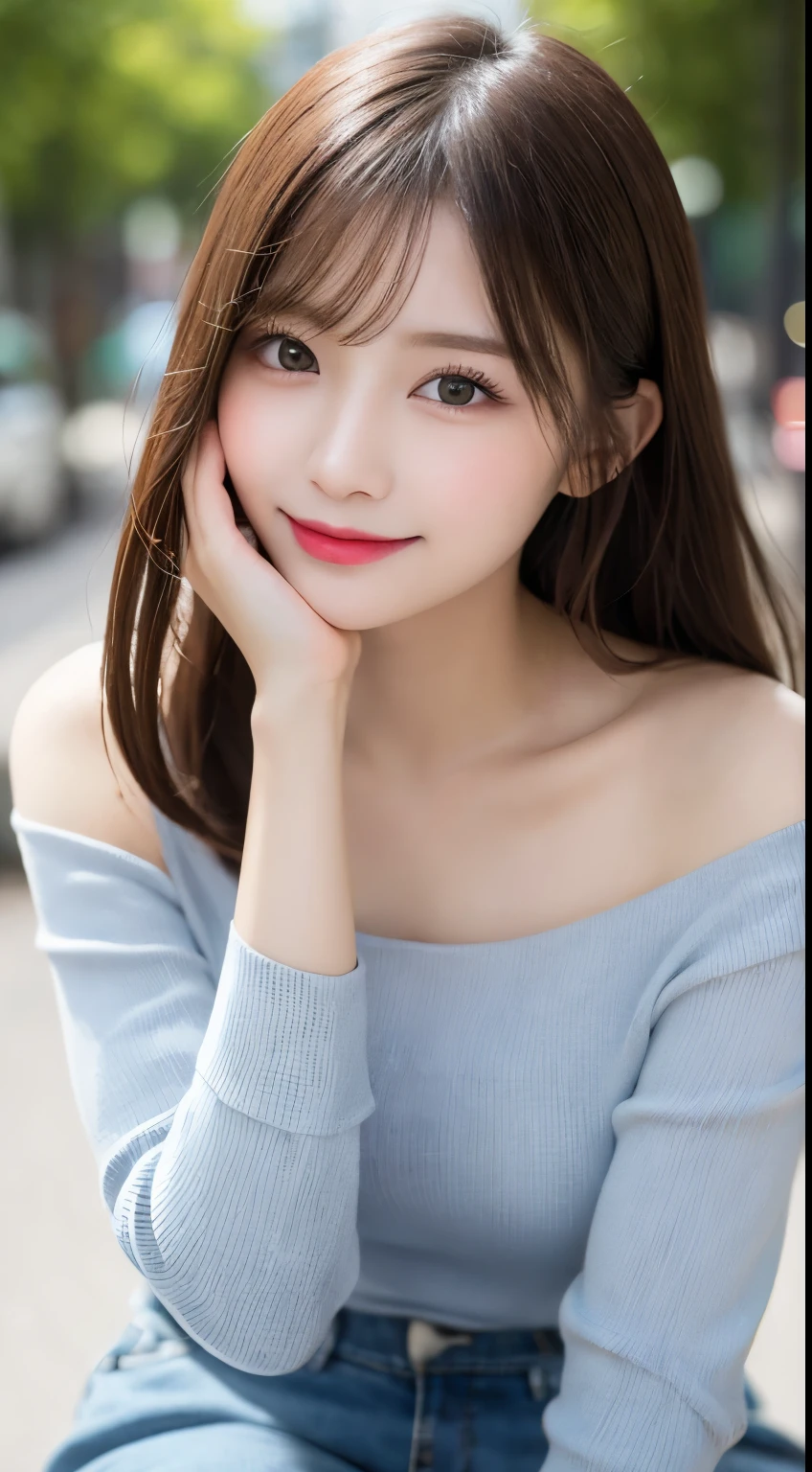 Tabletop, Highest quality, shape, Very detailed, finely, High resolution, 8k wallpaper, 完璧なダイナミックな構shape, Beautiful and exquisite,ランダムなcute髪,,Natural color lip, Bold sexy pose,smile、20-year-old girl、cute、Always blur the background,Perfect and beautiful face,Slim face and figure,Big eyes、Putting on gal makeup,Small face,Blurred Background,Elegant feminine face、smile、Actual Photos、Change pose randomly、Randomly change the shooting angle and position、Summer fashion for women