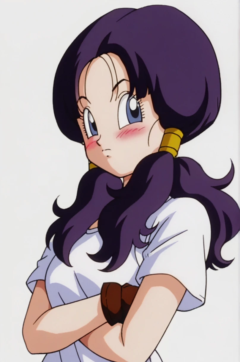 sauce_anime, score_9, score_8_superior, score_7_superior, anime screencap,
videl dbz, 眉をsuperiorげる, One girl, alone, Purple Hair, blue eyes, Black Hair, White shirt, Cowboy Shot, Long shirt, Semi-long hair, Short sleeve, Arms crossed, Brown gloves, blush, Look to the side, Wind, nail, eyelash, Simple Background, White Background, 
