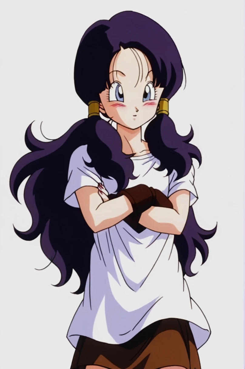sauce_anime, score_9, score_8_superior, score_7_superior, anime screencap,
videl dbz, 眉をsuperiorげる, One girl, alone, Purple Hair, blue eyes, Black Hair, White shirt, Cowboy Shot, Long shirt, Semi-long hair, Short sleeve, Arms crossed, Brown gloves, blush, Look to the side, Wind, nail, eyelash, Simple Background, White Background,