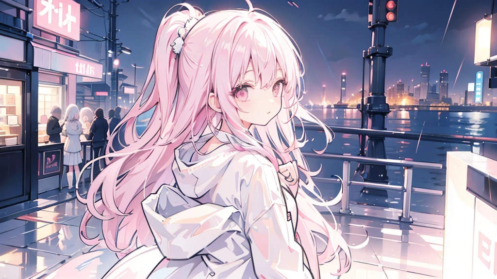Pinkish white hair, wavy hair, girl, neon city, raincoat, back, overlooking the scenery