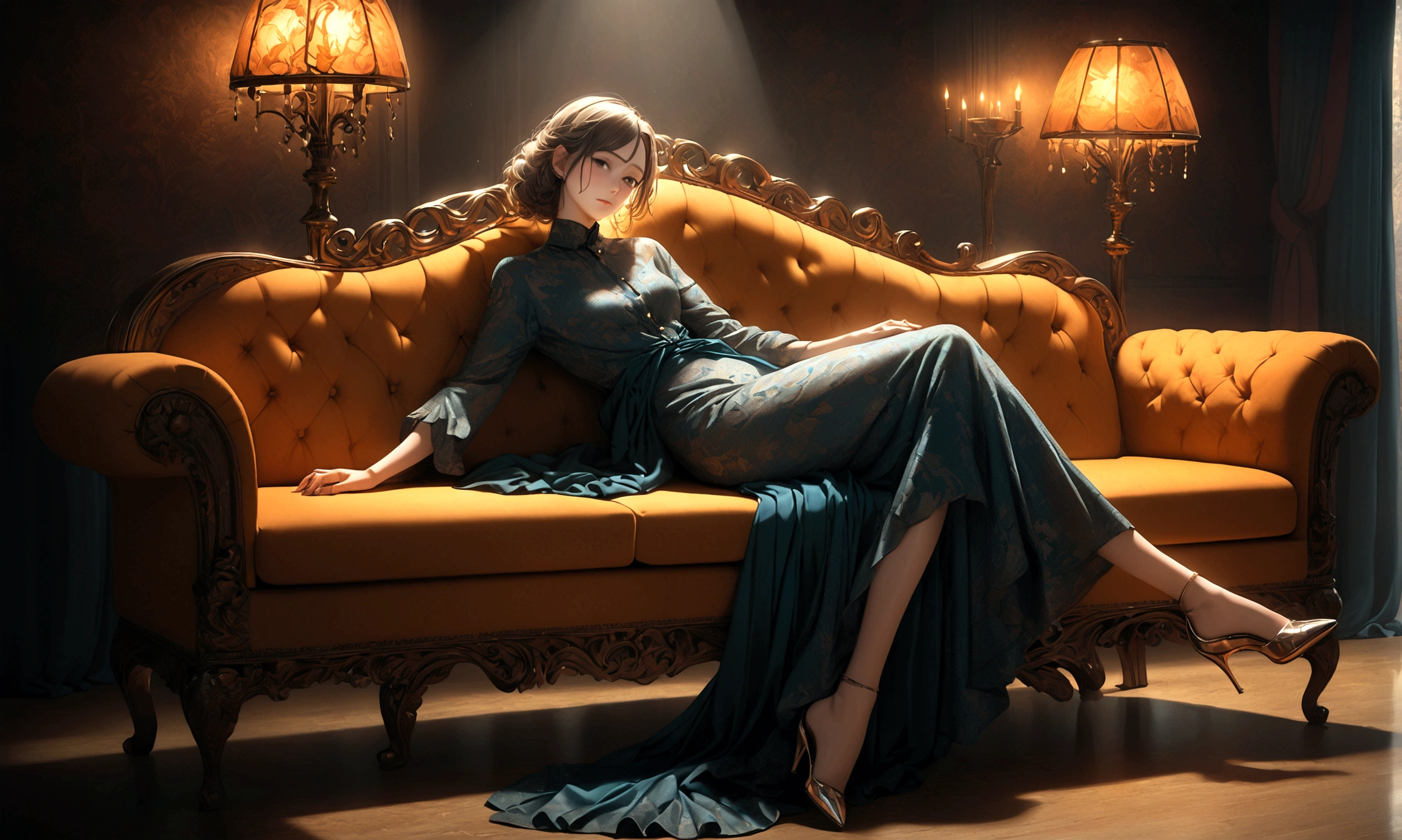 a drunk beautiful woman relaxing carelessly on a sofa, full body shot, highly detailed facial expression, intricate details, photorealistic, 8k, masterpiece, glowing skin, elegant fashion, dramatic lighting, cinematic composition, warm color tones, chiaroscuro lighting, realistic textures, atmospheric environment, detailed background, moody atmosphere