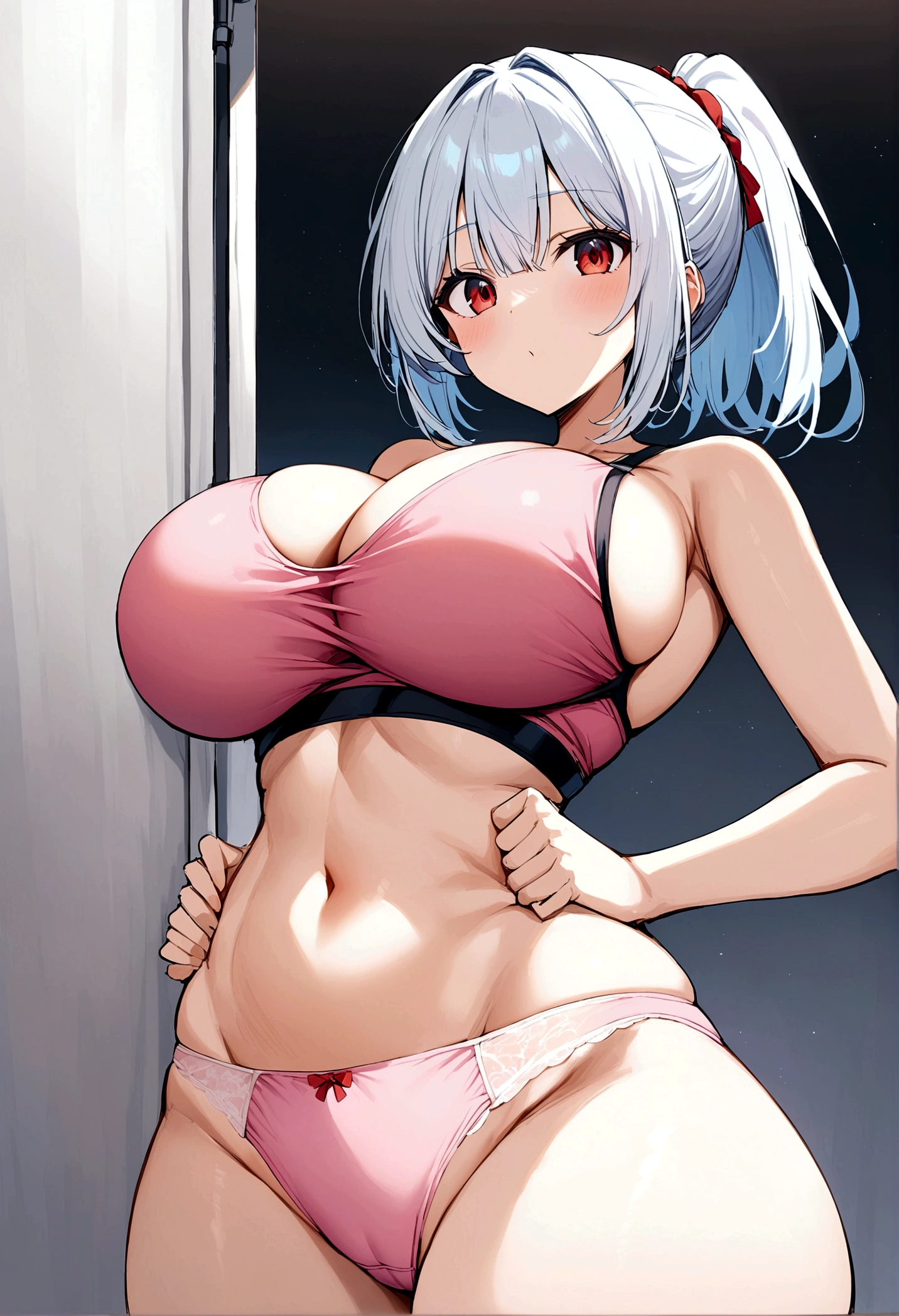 My name is Yumi, I am a white test woman with blue and white hair, red eyes and yellow. I am 1.64 cm tall and weigh 47 kg. My  measure 200 cm, my waist 60 cm and my  200 cm. Dressed in a black and pink sports bra, along with a short pink panties and her hair tied in a ponytail with a bang. With  200cm