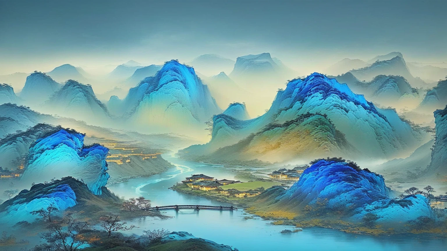 Painting of a river flowing through a valley surrounded by mountains, Chinese scenery, Chinese painting style, Chinese Arts, author：Yuan Jiang, Gong Xian, author：Gu An, by Qu Leilei, author：Qiandu, Inspired by Li Keran, by Li Di, Floating mountains, by Cheng Jiasui, author：Wang Jian, author：Xu Xi, zhuoxin ye
