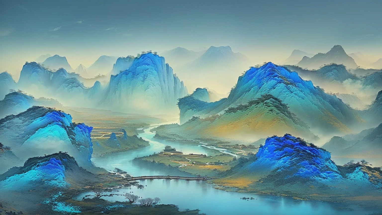 Painting of a river flowing through a valley surrounded by mountains, Chinese scenery, Chinese painting style, Chinese Arts, author：Yuan Jiang, Gong Xian, author：Gu An, by Qu Leilei, author：Qiandu, Inspired by Li Keran, by Li Di, Floating mountains, by Cheng Jiasui, author：Wang Jian, author：Xu Xi, zhuoxin ye
