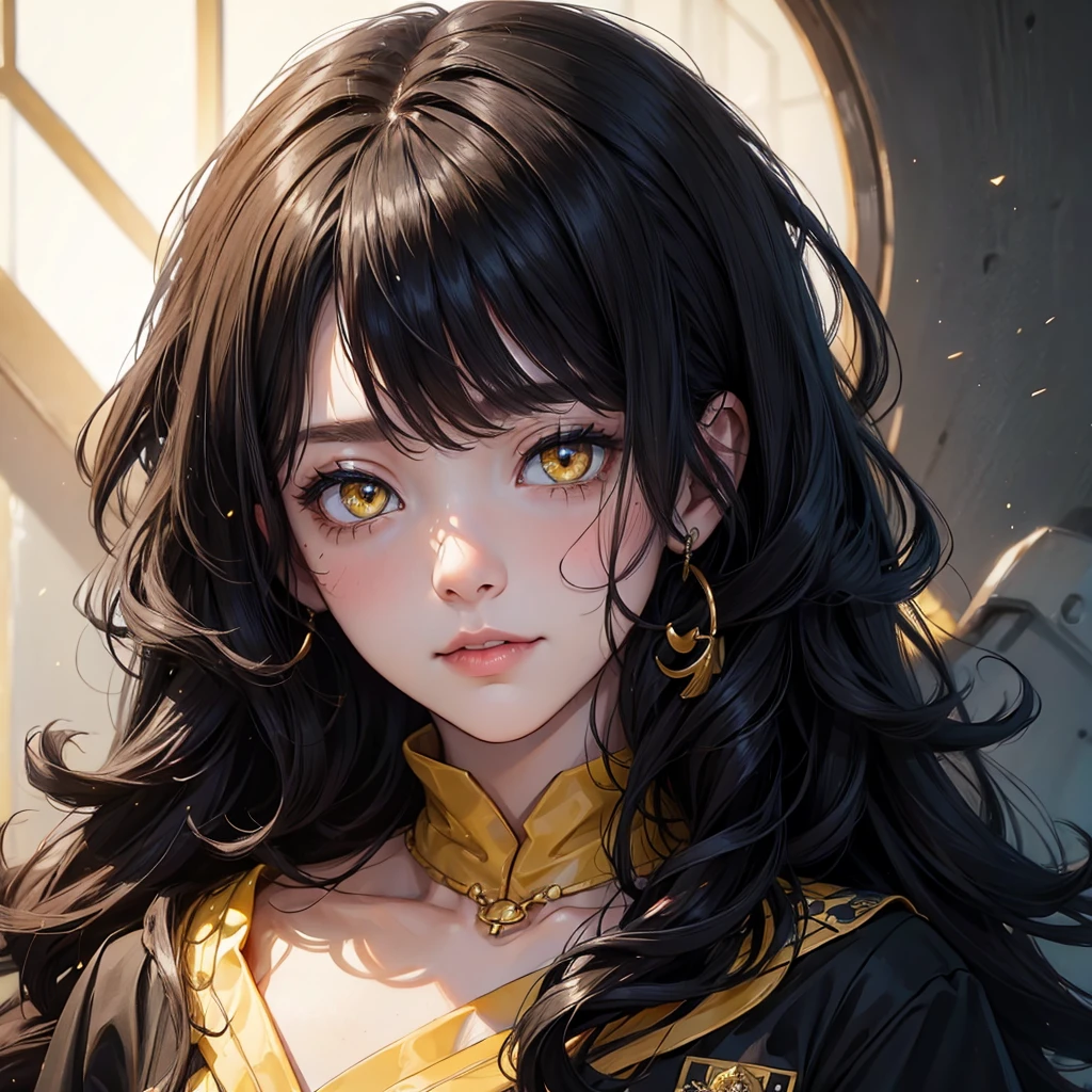 (portrait:1.5), 8k、Black Hair Curly Hair、Yellow eyes, woman
