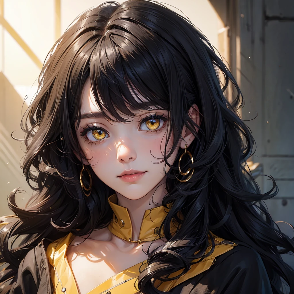 (portrait:1.5), 8k、Black Hair Curly Hair、Yellow eyes, woman