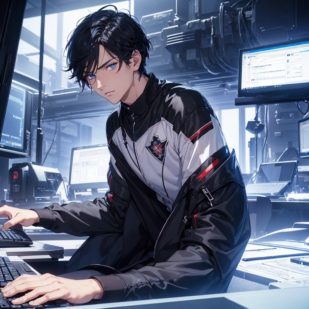 (tmasterpiece, Far plan, amazing quality, A highly detailed, Young guy, short black hair, blue eyes, shadows under the eyes, Focused gaze, sitting at a table, keyboard, computer, Dark background, twilight), afternoon, typing on keyboard, hacker, ray tracing, cyberstation.