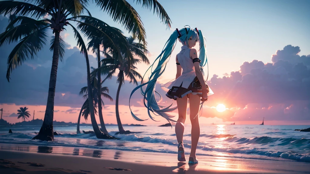 With the sun setting in the background、Please draw an upscaled image of Hatsune Miku walking on the beach。Her clear blue hair fluttering in the wind、The futuristic outfit stands out。Soft sand all around、The sound of the waves gently lapping、And the palm trees dot the landscape.。