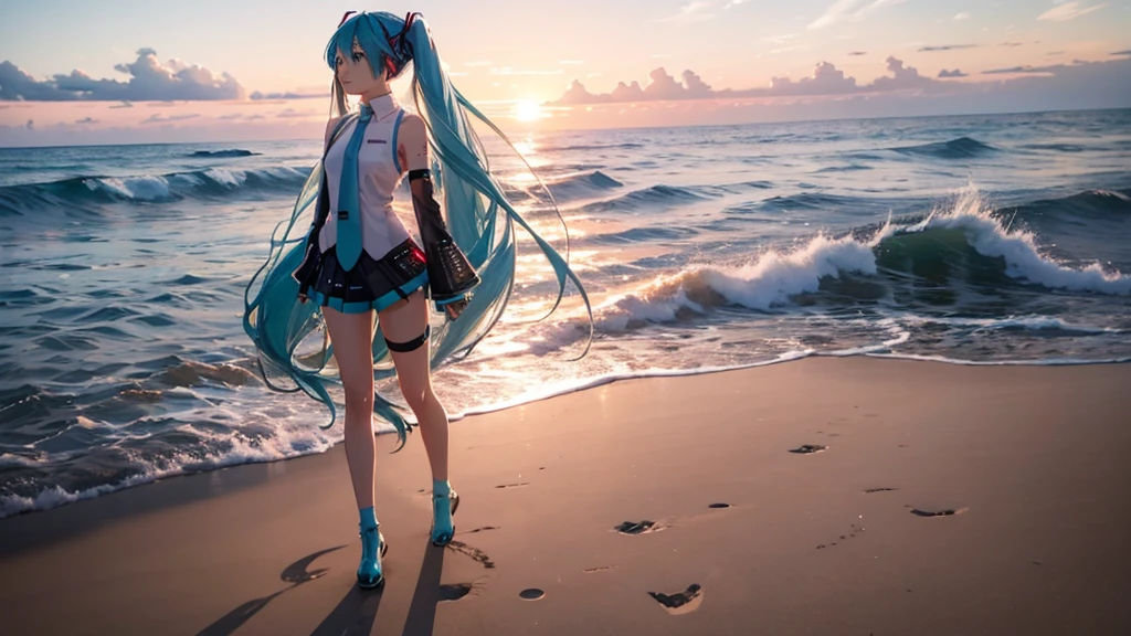 With the sun setting in the background、Please draw an upscaled image of Hatsune Miku walking on the beach。Her clear blue hair fluttering in the wind、The futuristic outfit stands out。Soft sand all around、The sound of the waves gently lapping、And the palm trees dot the landscape.。