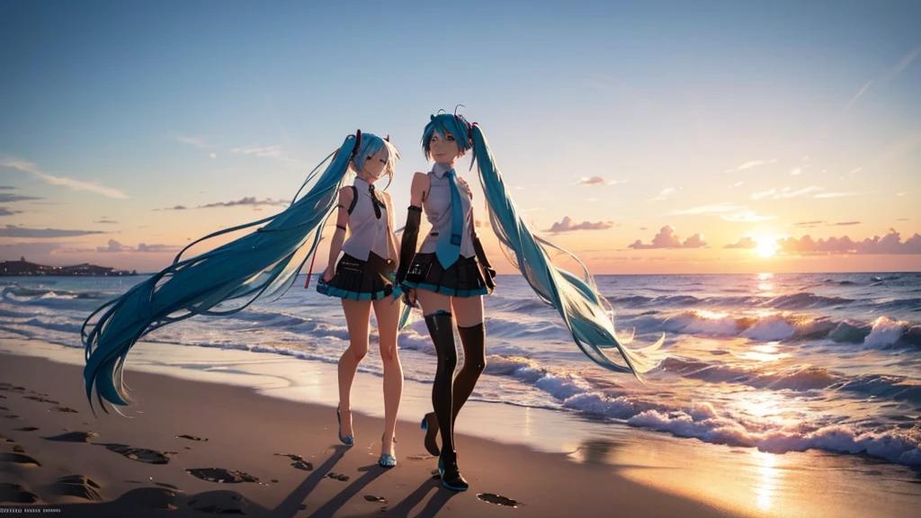 With the sun setting in the background、Please draw an upscaled image of Hatsune Miku walking on the beach。Her clear blue hair fluttering in the wind、The futuristic outfit stands out。Soft sand all around、The sound of the waves gently lapping、And the palm trees dot the landscape.。