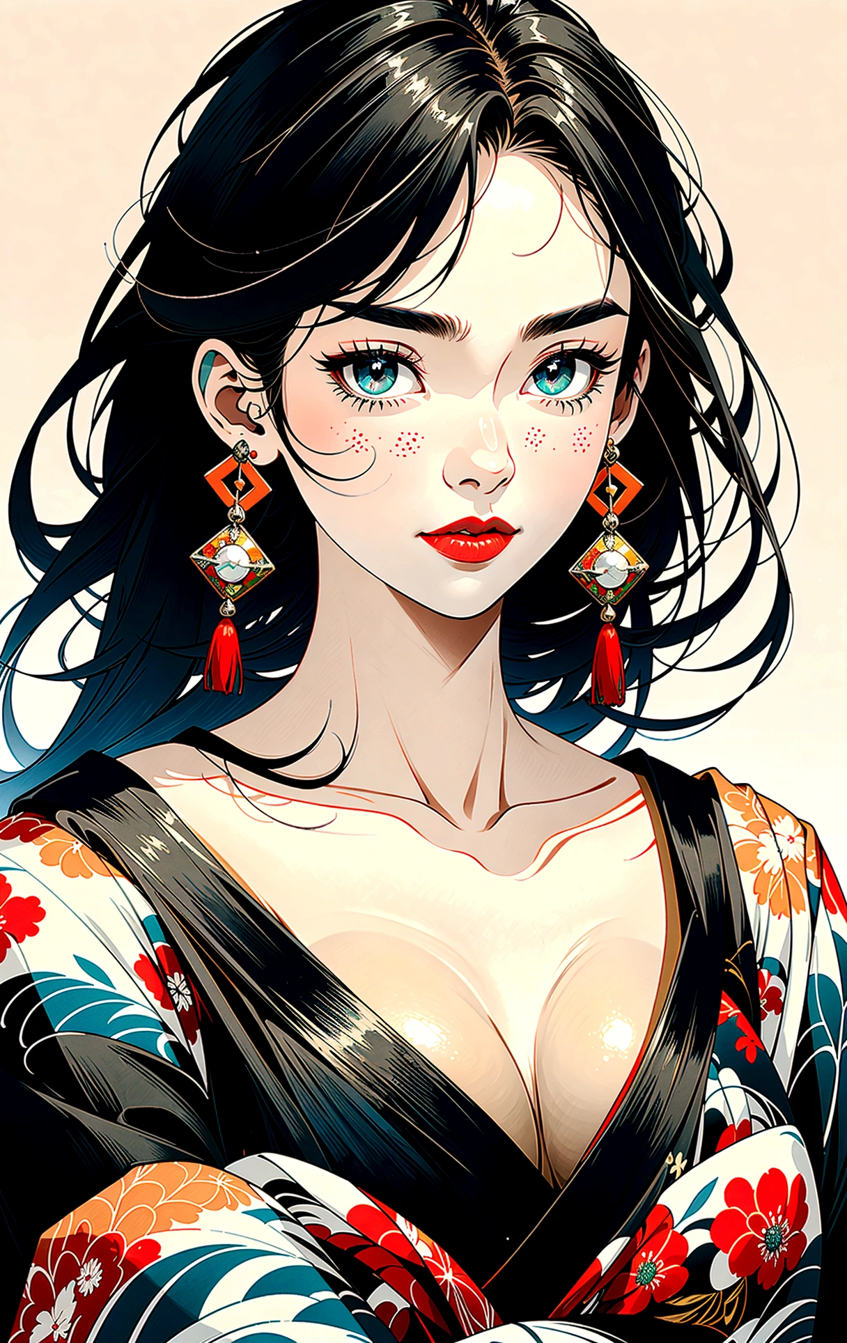 ((8k wallpaper of a highly detailed CG unit, ​masterpiece, high resolution, top quality, top qualityのリアルテクスチャスキン)), ((A very beautiful woman, seductive facial expressions, plump lips, The upper part of the body, Japanese pattern Haori, Micro mini short hairstyle with Japanese pattern in black, white-skinned, small), ((Colorful background with geometric patterns, Japanese pattern background, Cool, White background)), Sumi-e, hyper realisitic, digital painting, conceptual art,