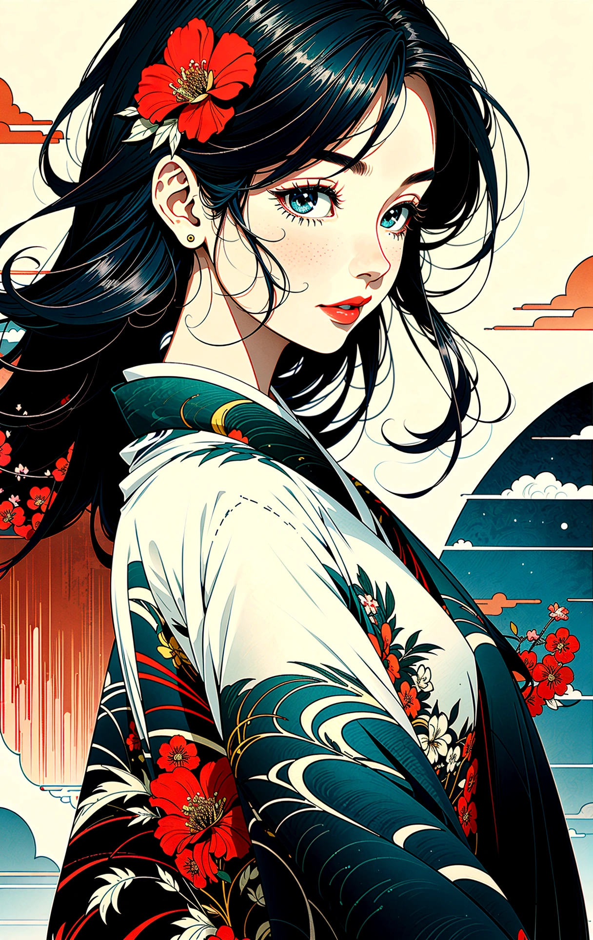 ((8k wallpaper of a highly detailed CG unit, ​masterpiece, high resolution, top quality, top qualityのリアルテクスチャスキン)), ((A very beautiful woman, seductive facial expressions, plump lips, The upper part of the body, Japanese pattern Haori, Micro mini short hairstyle with Japanese pattern in black, white-skinned, small), ((Colorful background with geometric patterns, Japanese pattern background, Cool, White background)), Sumi-e, hyper realisitic, digital painting, conceptual art,