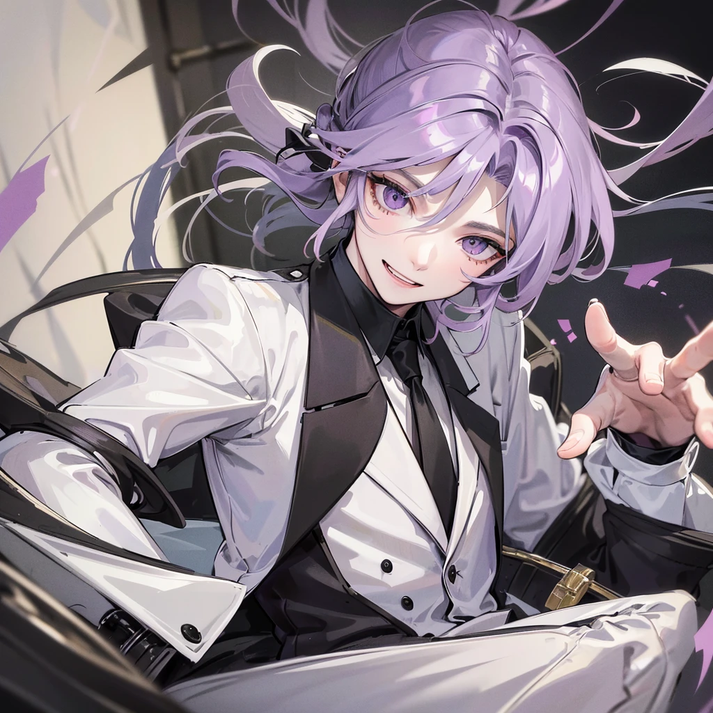 A 28-year-old man with messy violet hair, gray eyes, white skin, sharp features, and a mischievous smile, wearing a black formal suit.