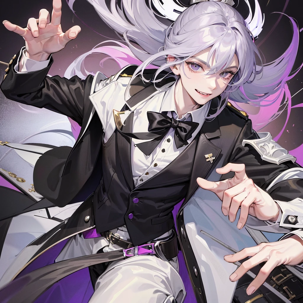 A 28-year-old man with messy violet hair, gray eyes, white skin, sharp features, and a mischievous smile, wearing a black formal suit.
