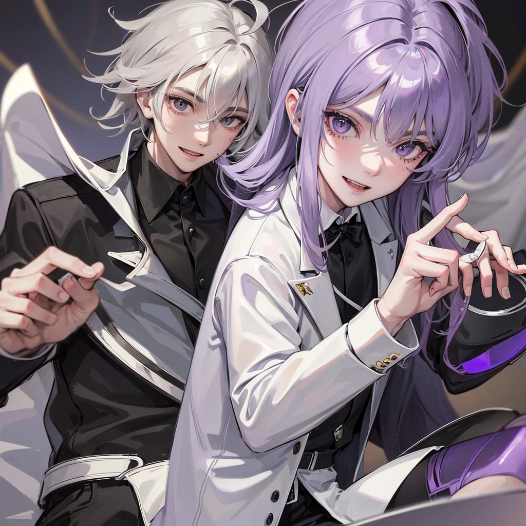 A 28-year-old man with messy violet hair, gray eyes, white skin, sharp features, and a mischievous smile, wearing a black formal suit. 