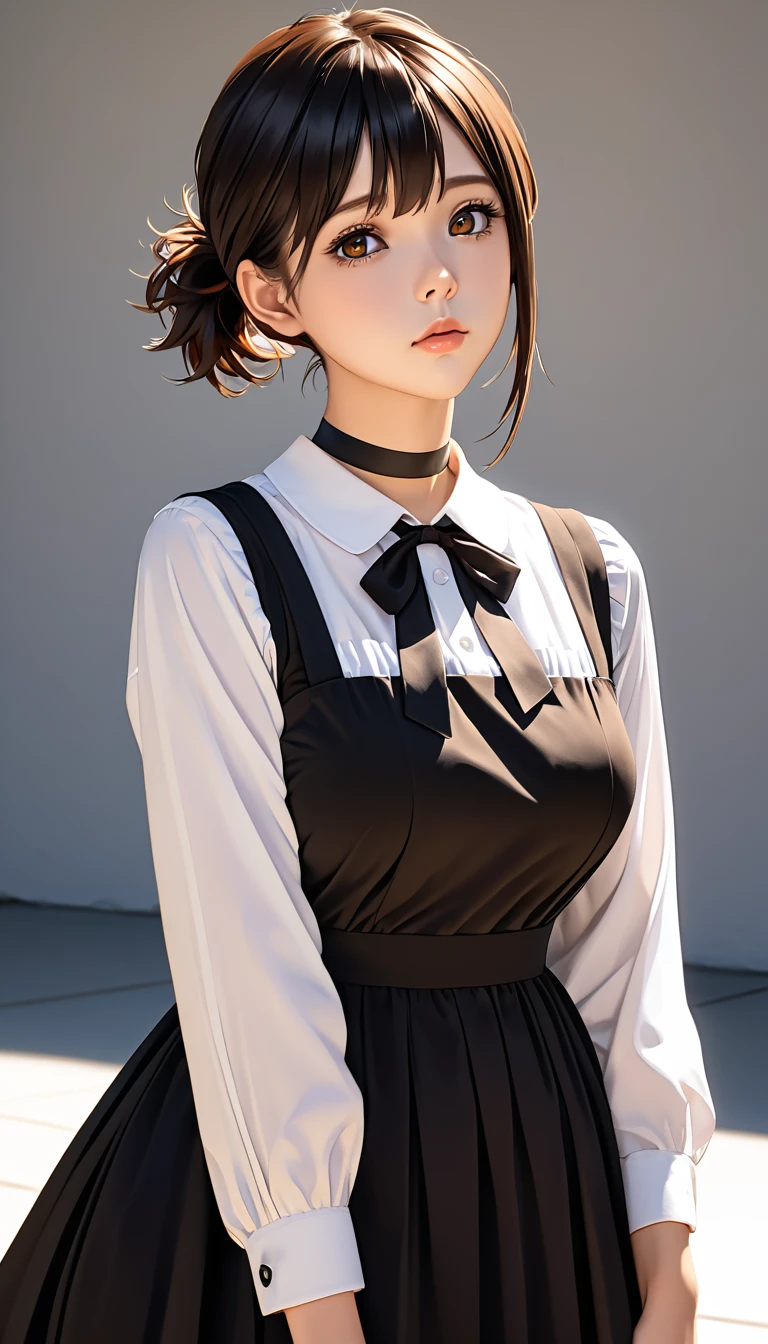 (（（Perfect body,White and tender skin,（（（black dress, pinafore dress, sleeveless dress, white shirt, black ribbon, neck ribbon, long sleeves, black choker，）））,（（（Kobeni Higashiyama, black hair, hair ornament, hairclip, ponytail, short hair, (brown eyes:1.5),）））,((masterpiece)),highres,((Best quality at best)),masterpiece,quality,Best quality,(（（ Exquisite facial features,Looking at the audience,There is light in the eyes,(（（frown，Wronged））），Look up）））,（（（Light and shadow,Huge breasts,）））,（（（Looking at the camera,White background)））)